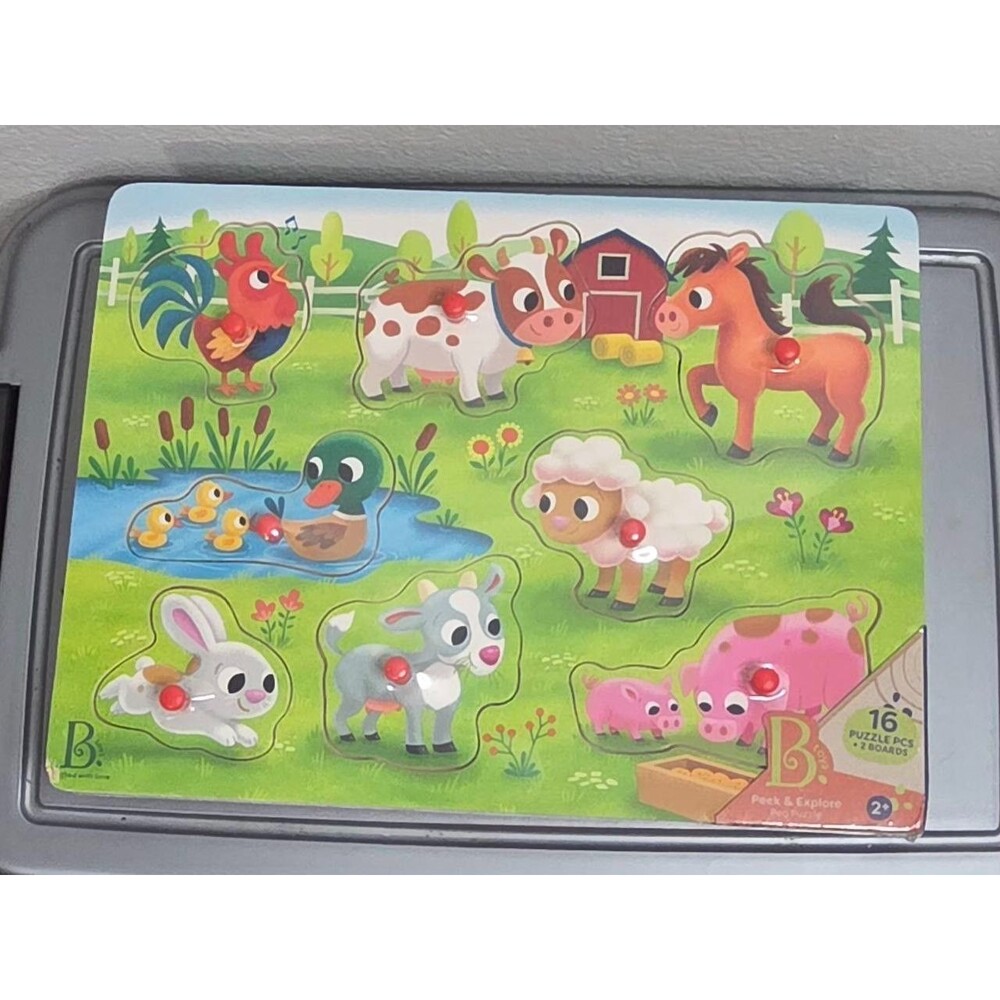 Two B. Wooden Preschool Knob Puzzle Boards Lot of 4 Farm Animals Vehicles Scenes